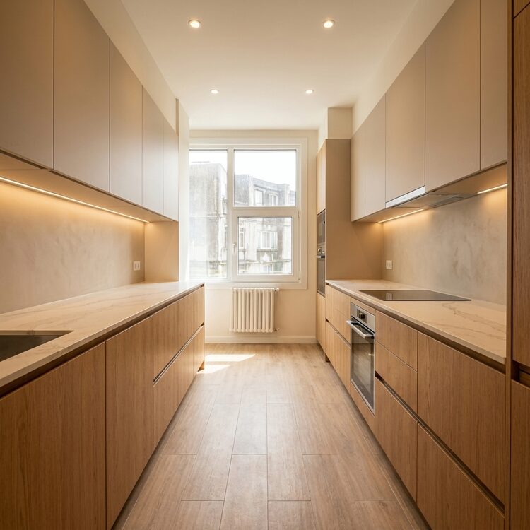 Cocina reformada — luz cálida y diseño contemporáneo